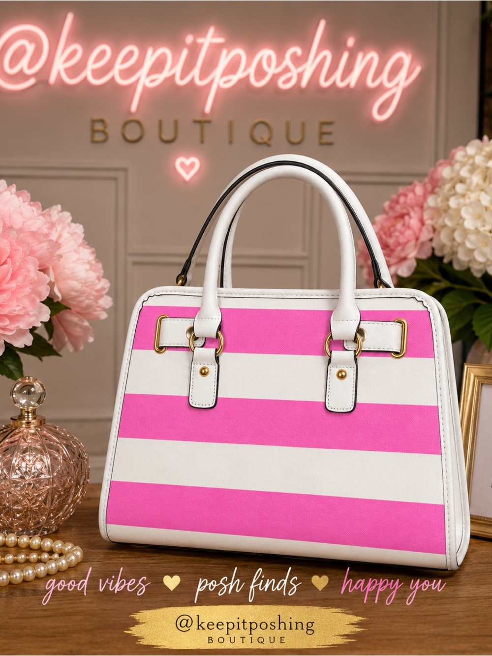 Striped Pink & White Top-Handle Satchel with Logo Charm - Picture 3 of 6